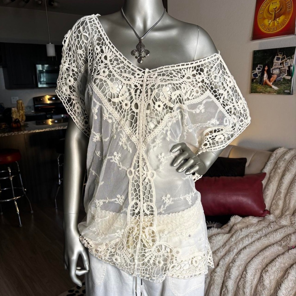 Cream Crochet Lace Sheer Boho Tunic Top Le Dor  🌿✨